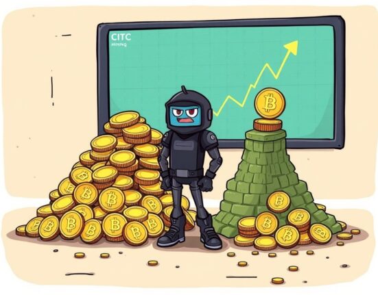 A vibrant cartoon illustration showing Cipher Mining's strategic Bitcoin operations, highlighting BTC sales and growing crypto holdings.