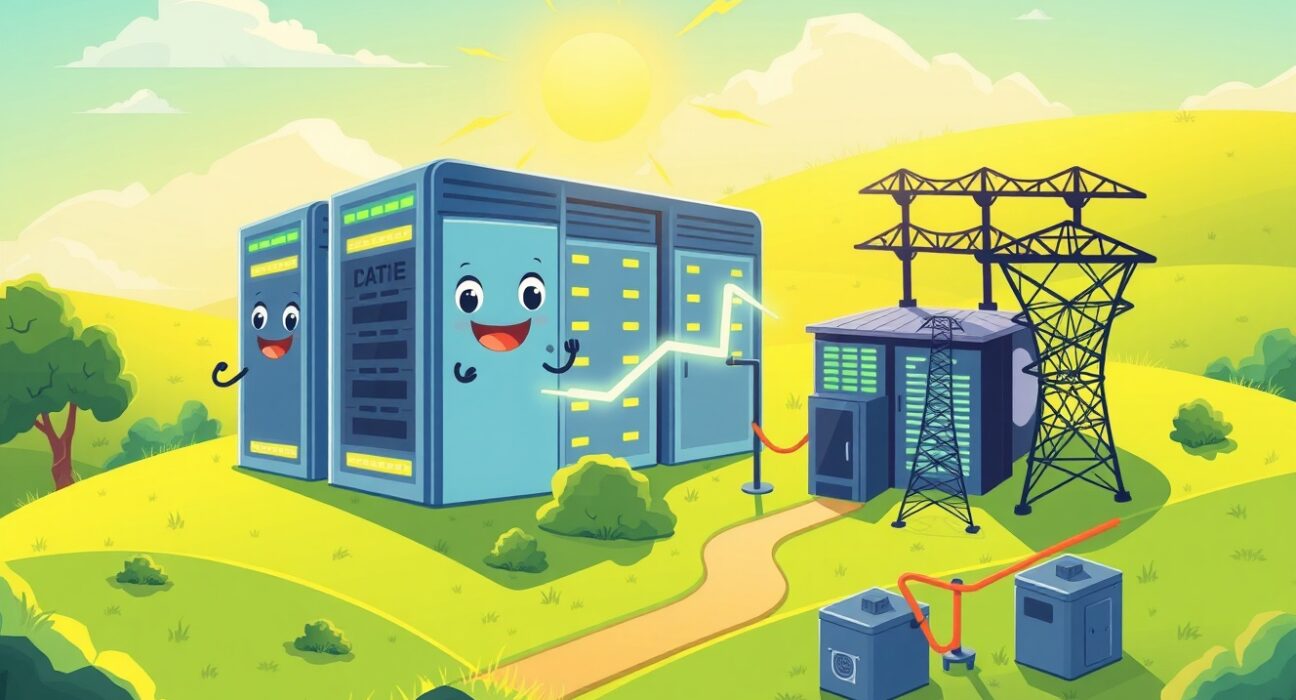 Strategic cartoon illustration of Cipher Mining Ohio data center expansion with powerful energy connections.