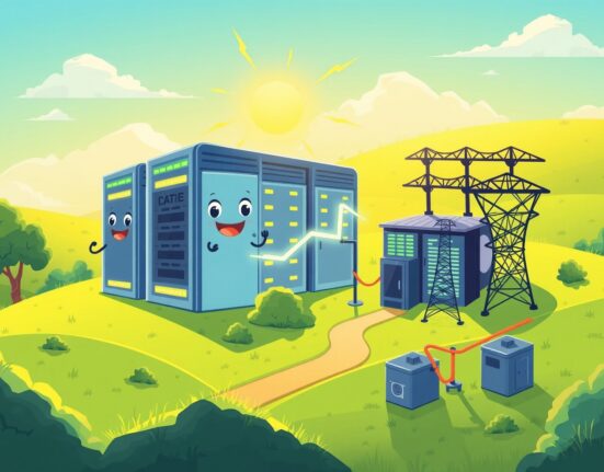Strategic cartoon illustration of Cipher Mining Ohio data center expansion with powerful energy connections.