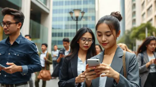 A woman using a smartphone in a busy financial district, illustrating stablecoin expansion into emerging markets.