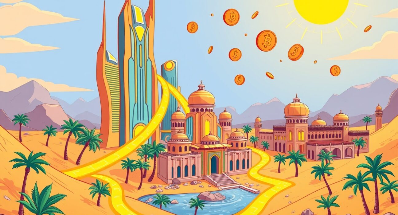 Cartoon illustration of Circle securing its Abu Dhabi license, symbolizing digital finance expansion in the Middle East.