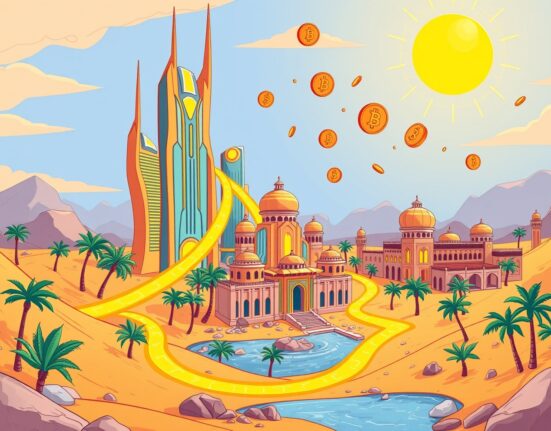 Cartoon illustration of Circle securing its Abu Dhabi license, symbolizing digital finance expansion in the Middle East.