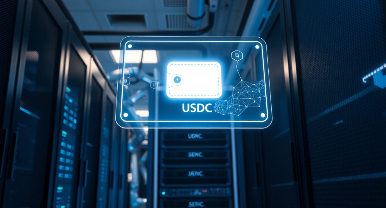 Holographic USDC wallet interface in a modern server room representing Circle's Agent Stack for AI agents
