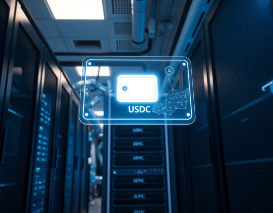 Holographic USDC wallet interface in a modern server room representing Circle's Agent Stack for AI agents