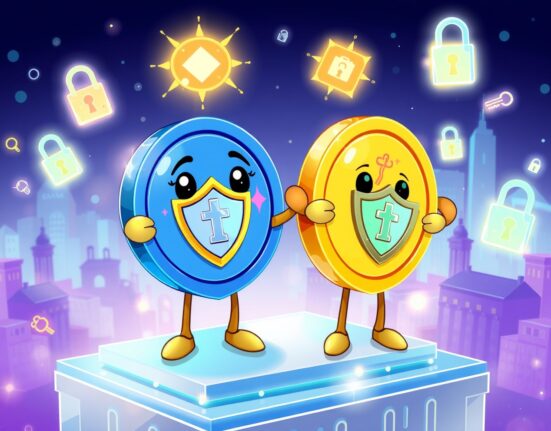 Cartoon illustration of new privacy-focused stablecoins as shielded digital coins protecting financial transactions on a blockchain.