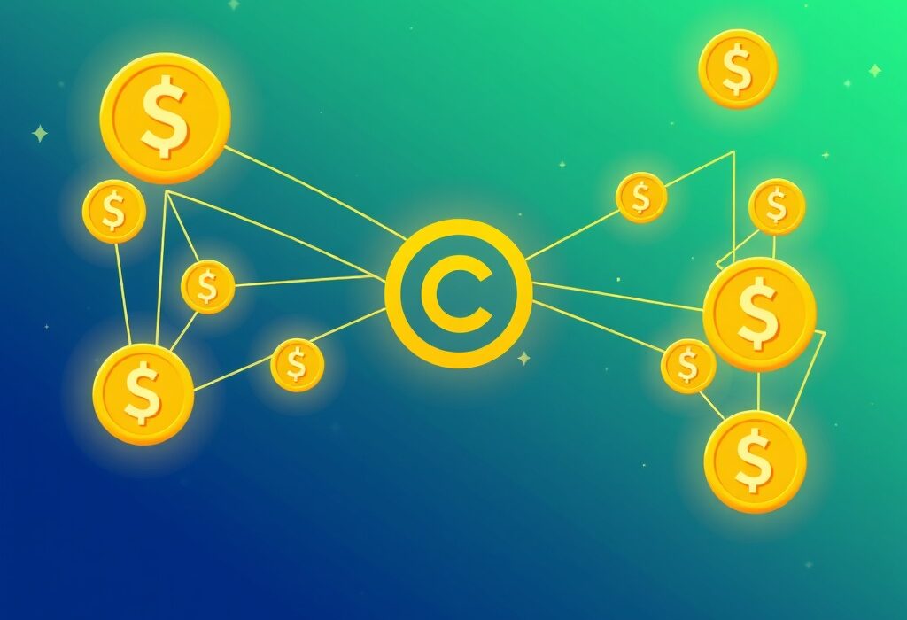 A cartoon illustration symbolizing the efficient flow of digital currency on the new Circle ARC blockchain, designed for stablecoins.