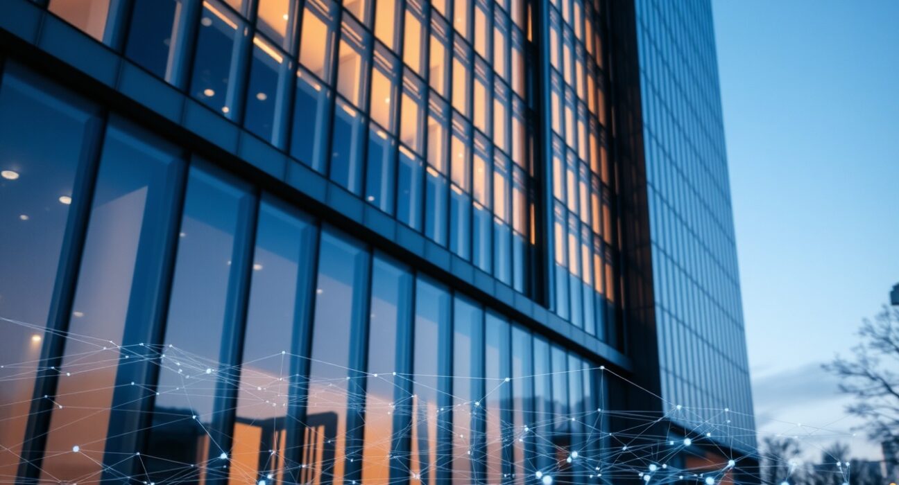 Modern financial building with digital network overlay representing Circle's institutional blockchain platform