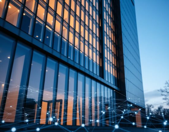 Modern financial building with digital network overlay representing Circle's institutional blockchain platform