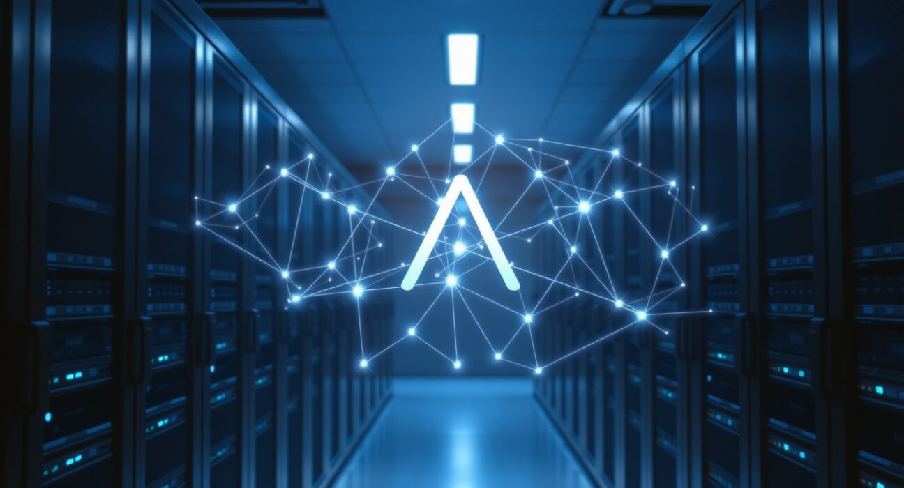 Holographic blockchain network visualization in a modern data center representing Circle's Arc Layer 1 chain.