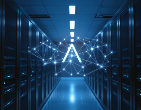 Holographic blockchain network visualization in a modern data center representing Circle's Arc Layer 1 chain.