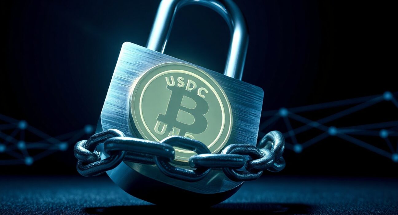 A padlock and chain securing a digital USDC coin symbolizing a freeze.
