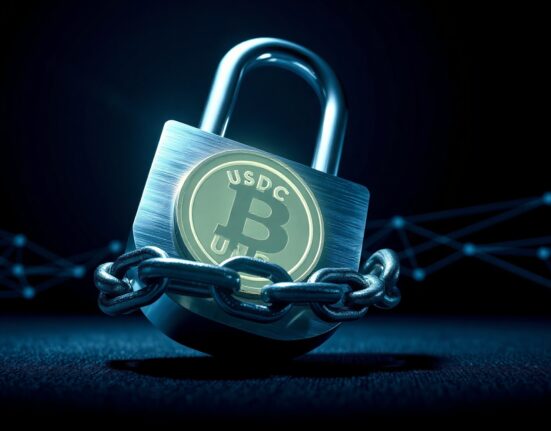 A padlock and chain securing a digital USDC coin symbolizing a freeze.