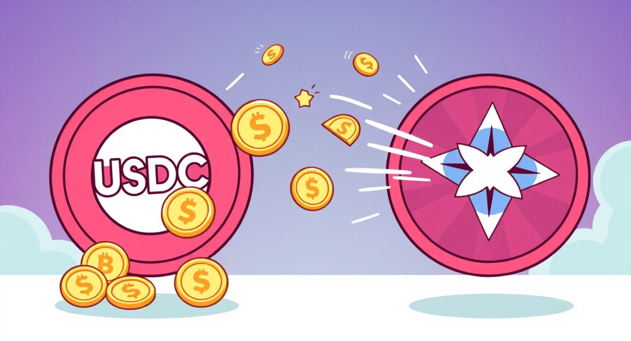 Cartoon depicting seamless cross-chain transfer of USDC facilitated by Circle CCTP Stellar integration, enhancing crypto liquidity.