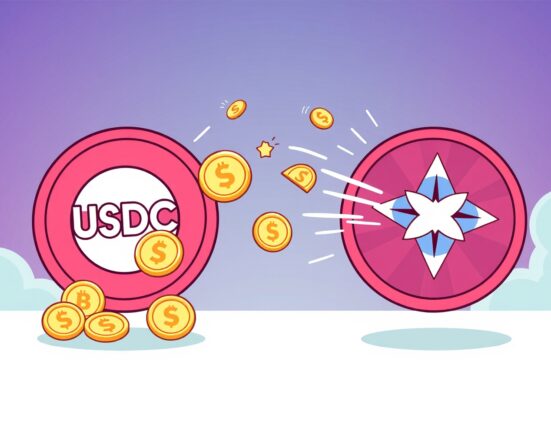 Cartoon depicting seamless cross-chain transfer of USDC facilitated by Circle CCTP Stellar integration, enhancing crypto liquidity.