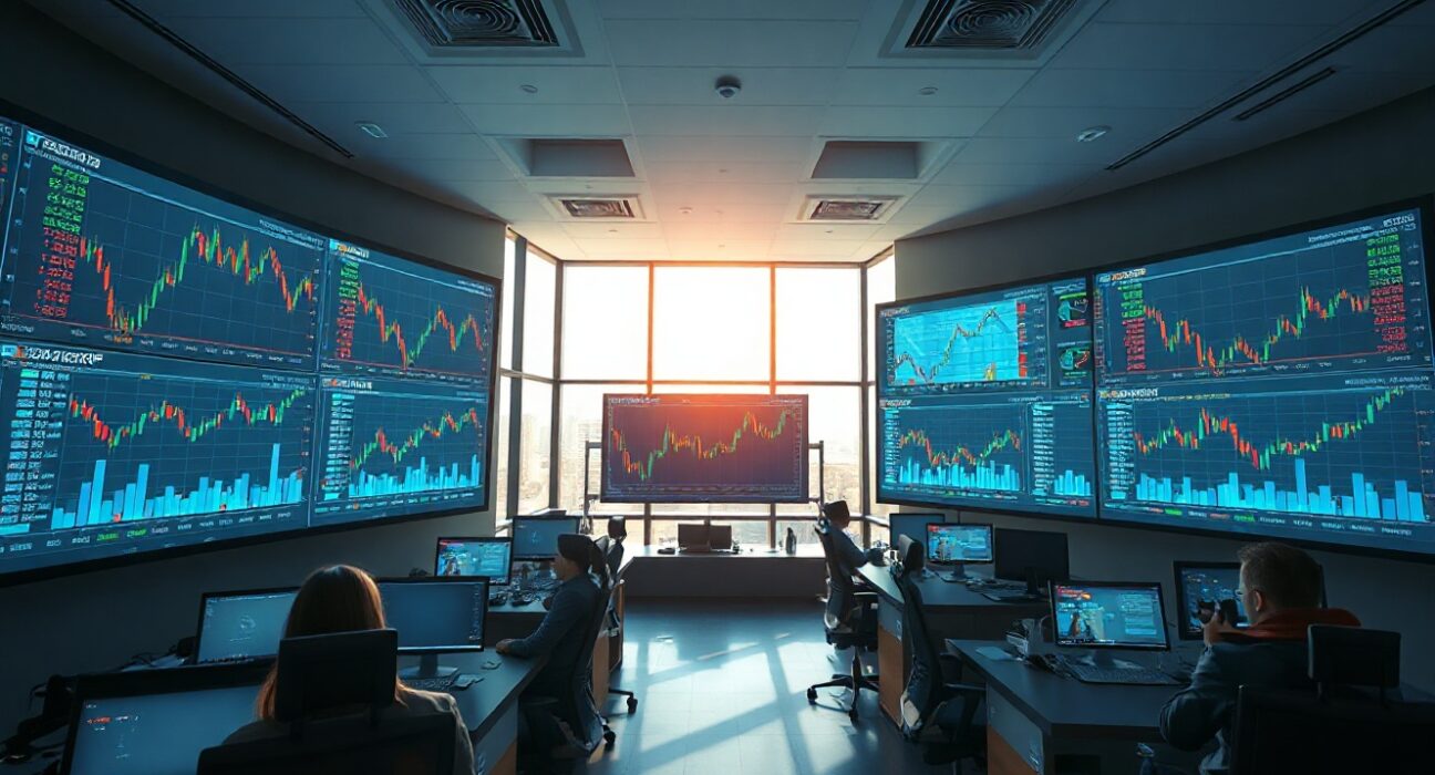 Trading floor with digital screens showing tokenized asset charts and blockchain network visuals