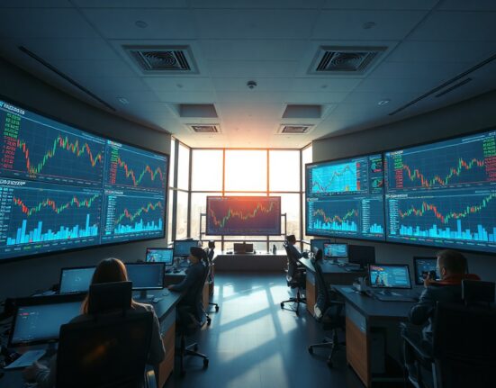 Trading floor with digital screens showing tokenized asset charts and blockchain network visuals