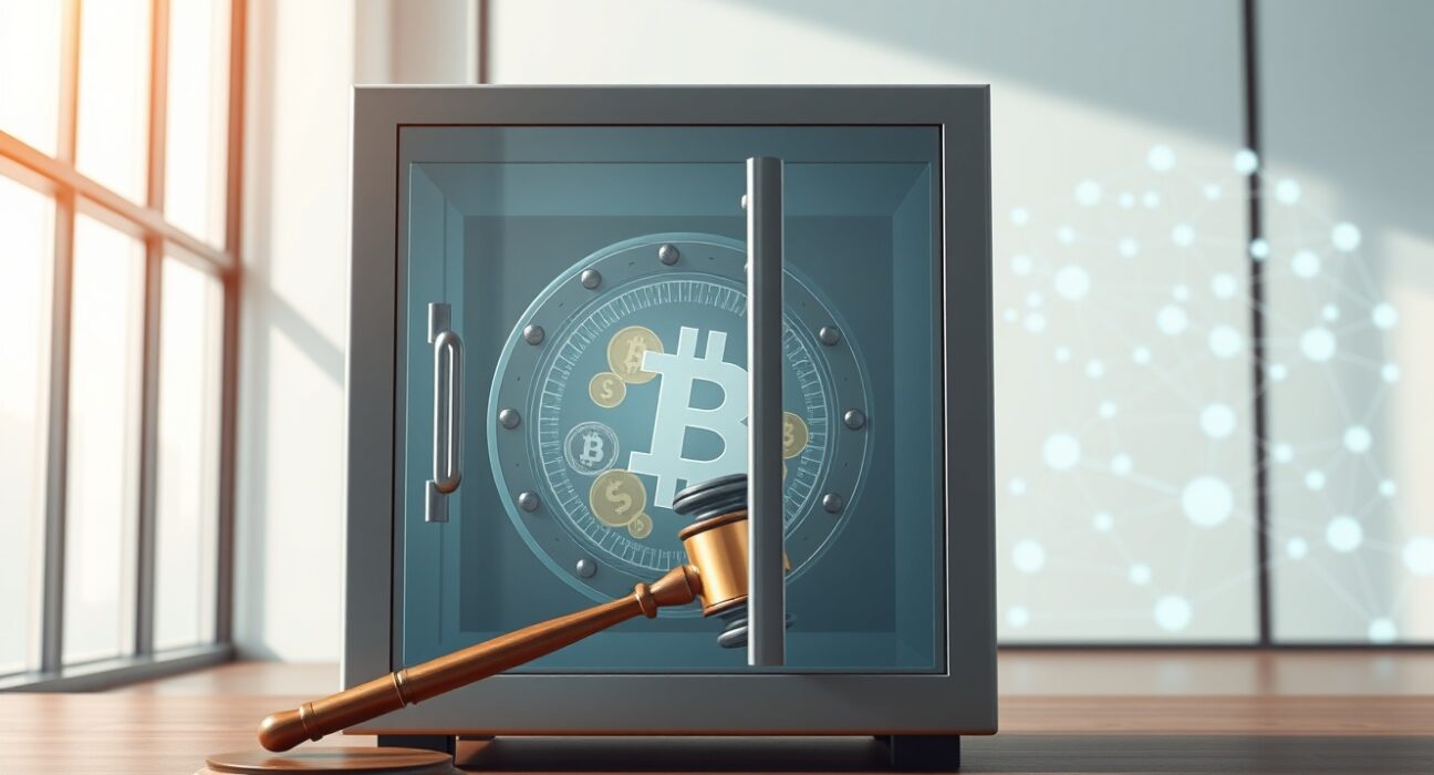 Digital vault representing USDC wallet security with legal oversight symbolizing Circle's court order requirement for asset freezes.