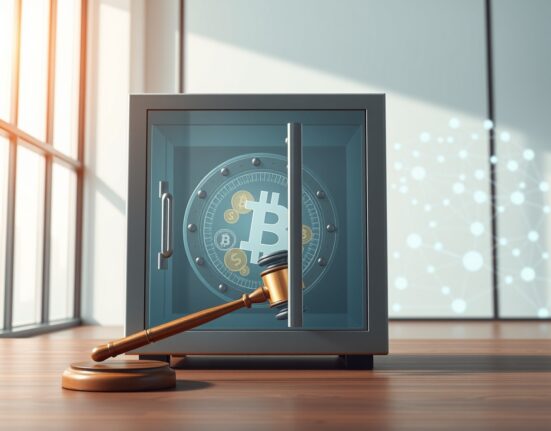 Digital vault representing USDC wallet security with legal oversight symbolizing Circle's court order requirement for asset freezes.