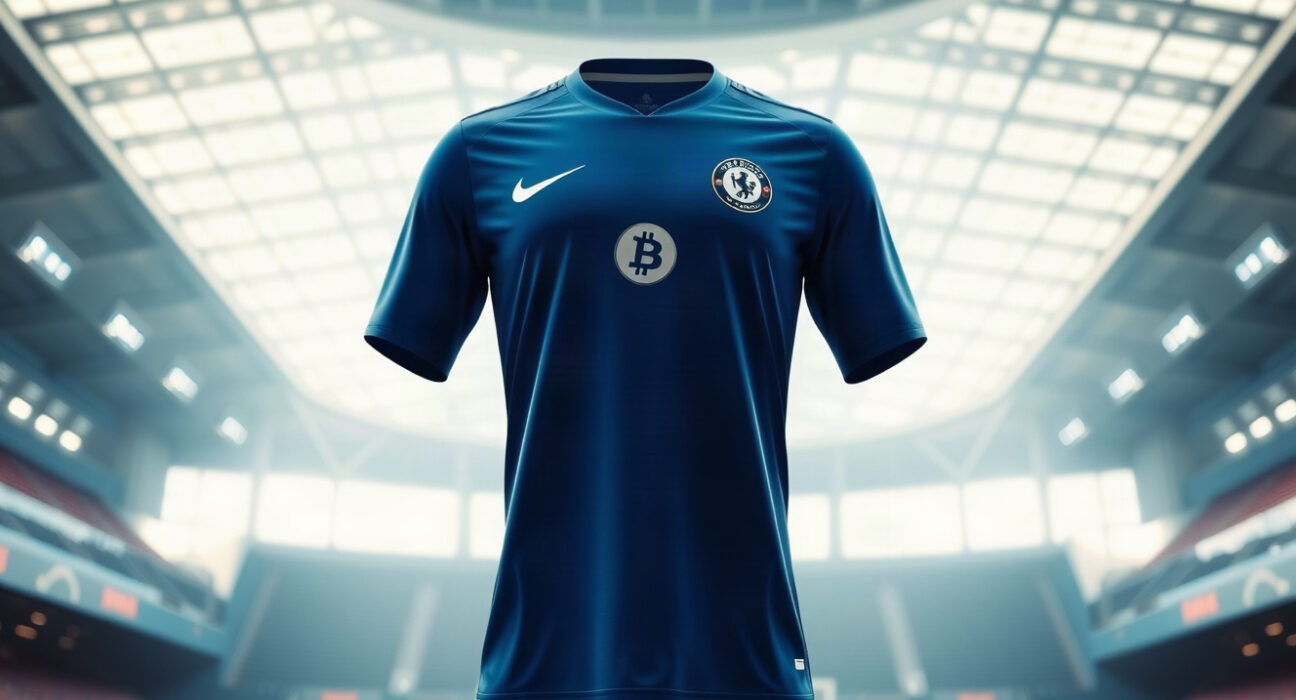 A blue football jersey with a subtle digital coin emblem on the chest, representing the Circle and Chelsea FC sponsorship.