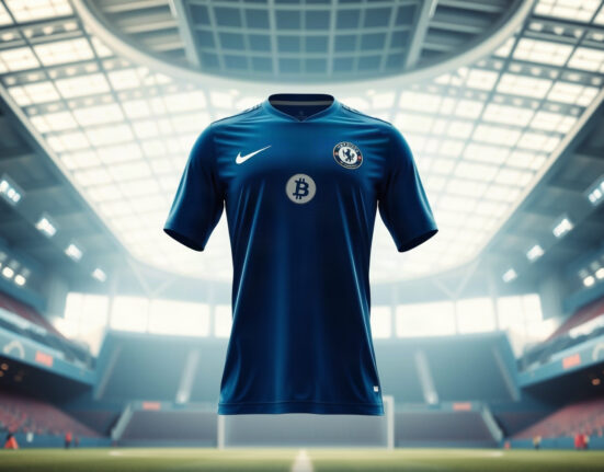 A blue football jersey with a subtle digital coin emblem on the chest, representing the Circle and Chelsea FC sponsorship.
