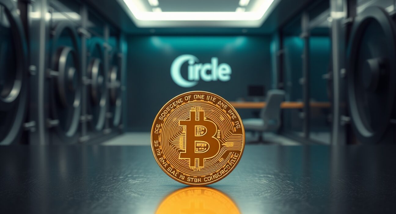 Glowing Bitcoin coin in a modern financial vault setting representing Circle's cirBTC launch