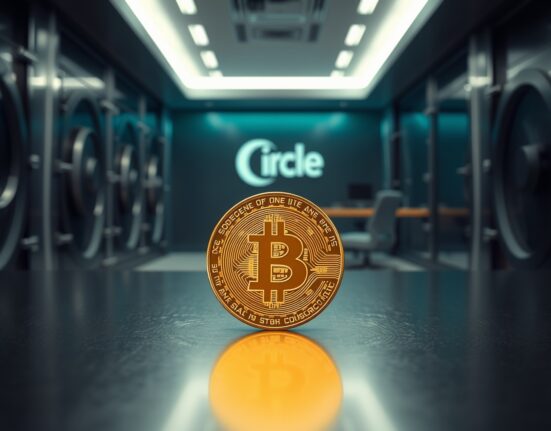 Glowing Bitcoin coin in a modern financial vault setting representing Circle's cirBTC launch