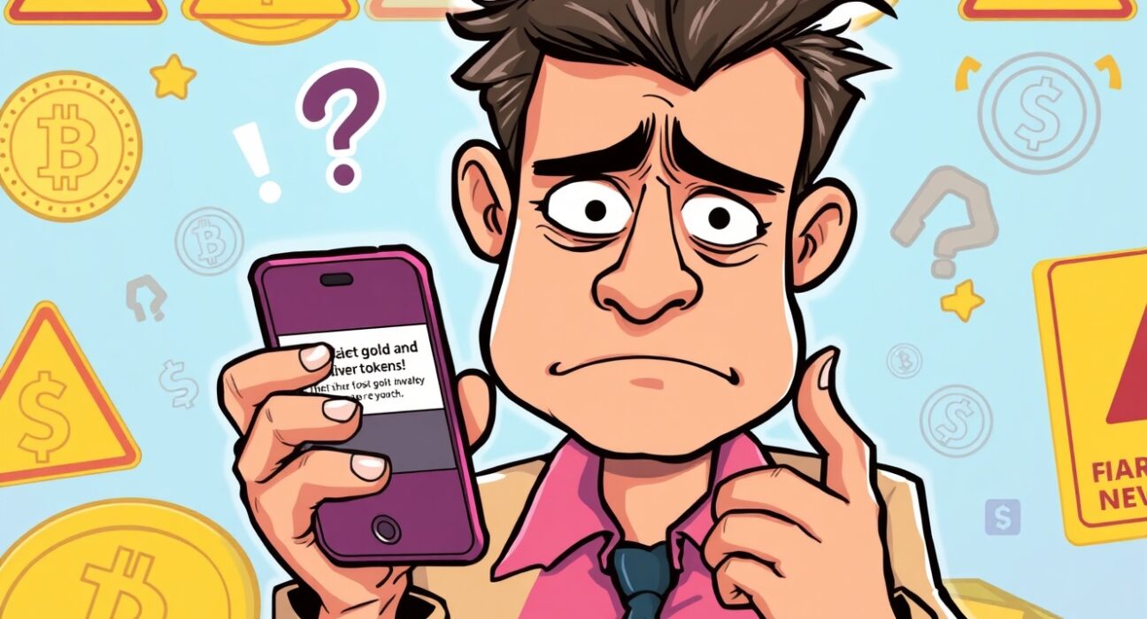 Cartoon investor confused by fake news about Circle gold silver token platform misinformation