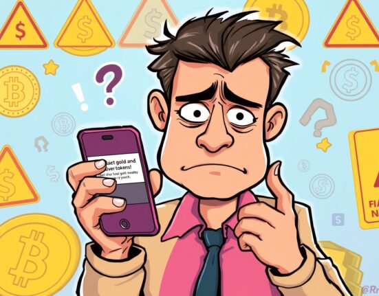 Cartoon investor confused by fake news about Circle gold silver token platform misinformation