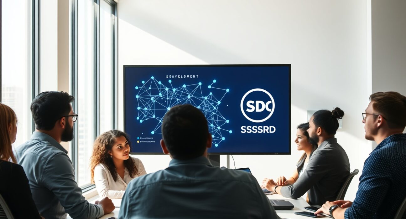 Developers collaborating on blockchain project with USDC and network diagram on screen