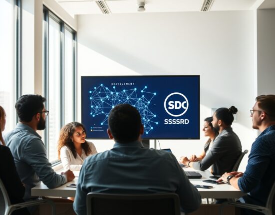 Developers collaborating on blockchain project with USDC and network diagram on screen
