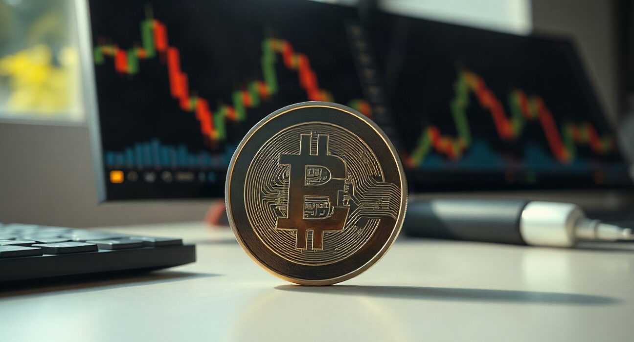 Digital euro coin representing Circle's EURC stablecoin on a desk with financial charts in background