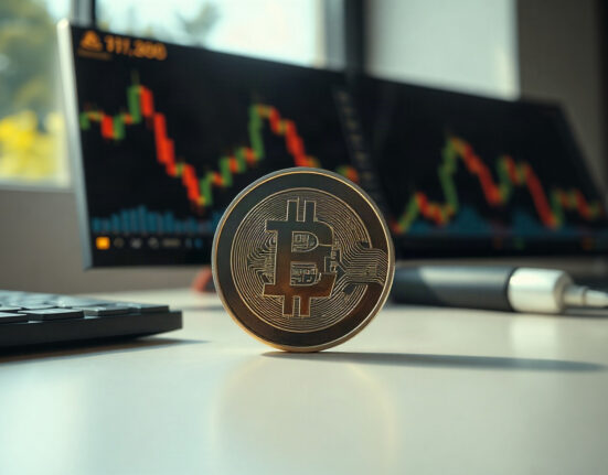 Digital euro coin representing Circle's EURC stablecoin on a desk with financial charts in background