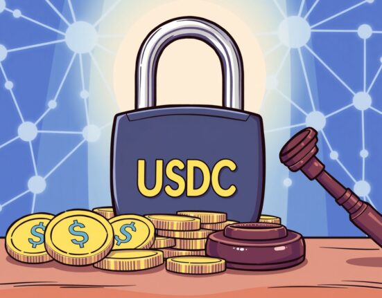 A digital padlock securing USDC coins, symbolizing the court order for Circle to freeze USDC from the Multichain hack, enhancing crypto security.