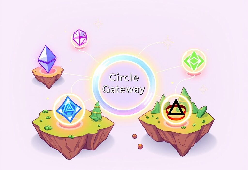 A vibrant illustration showing Circle Gateway seamlessly connecting multiple blockchain networks for efficient cross-chain liquidity.