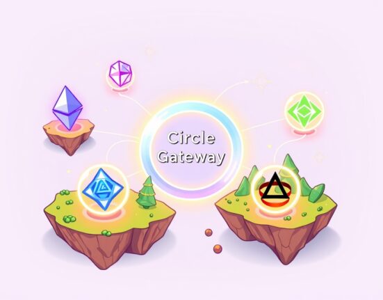 A vibrant illustration showing Circle Gateway seamlessly connecting multiple blockchain networks for efficient cross-chain liquidity.