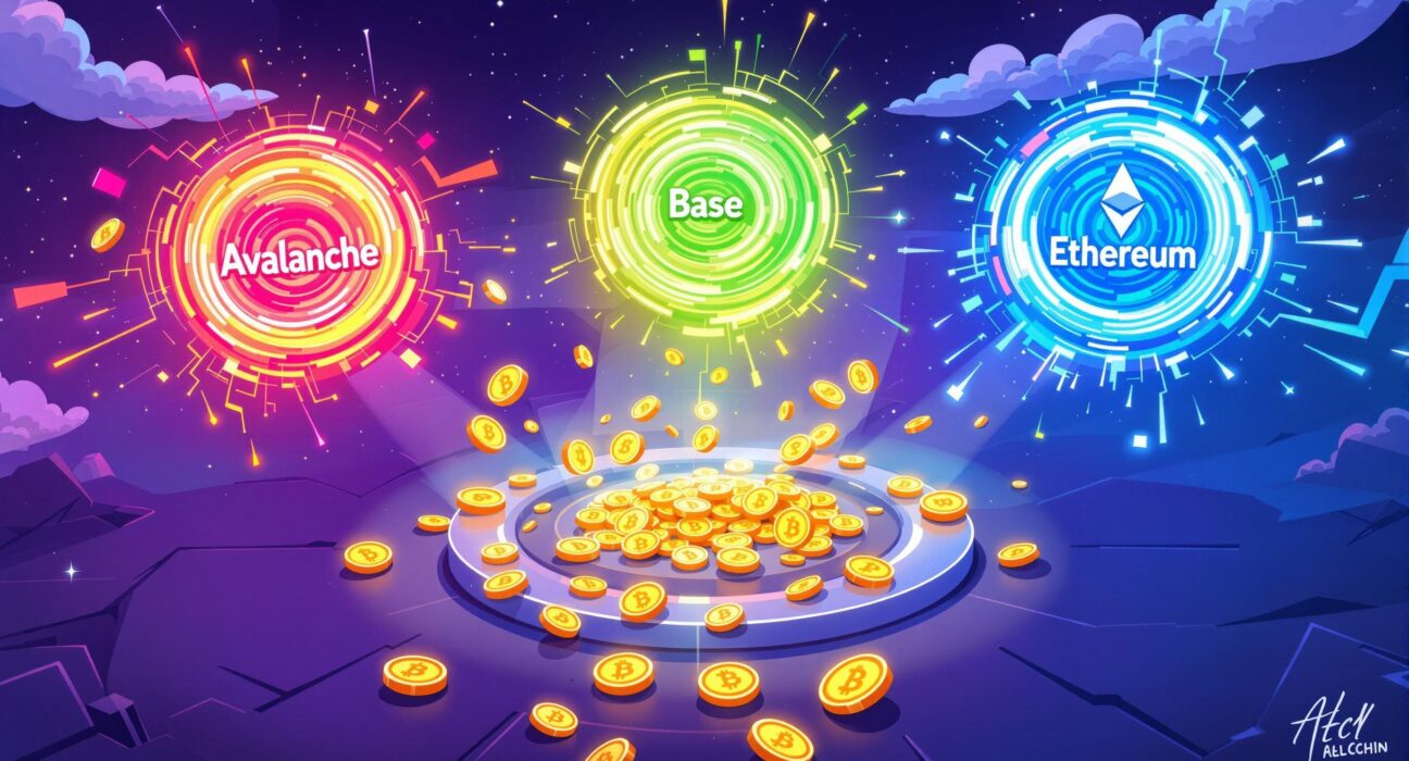 A cartoon illustration showing USDC seamlessly flowing through the innovative Circle Gateway, connecting Avalanche, Base, and Ethereum blockchains.