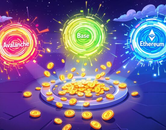 A cartoon illustration showing USDC seamlessly flowing through the innovative Circle Gateway, connecting Avalanche, Base, and Ethereum blockchains.