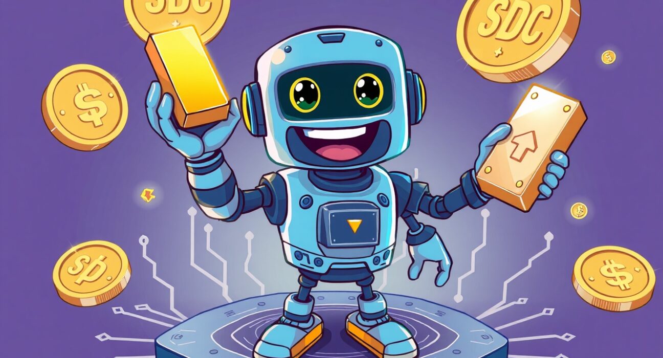 Cartoon illustration of Circle launching digital gold and silver tokens for crypto portfolio diversification.