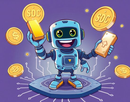 Cartoon illustration of Circle launching digital gold and silver tokens for crypto portfolio diversification.