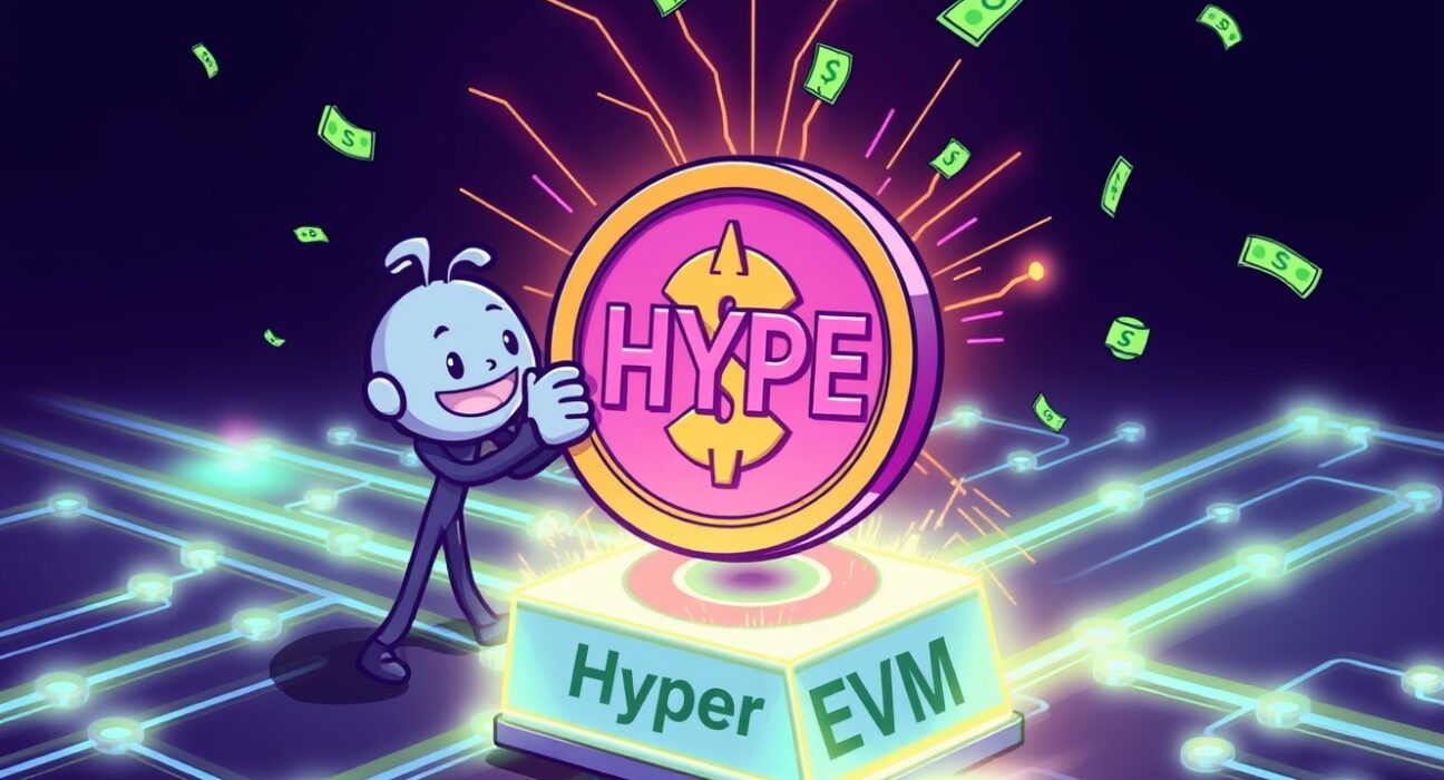 Cartoon illustration showing a significant Circle HYPE investment on a blockchain network, signaling future growth.