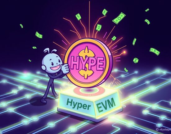 Cartoon illustration showing a significant Circle HYPE investment on a blockchain network, signaling future growth.