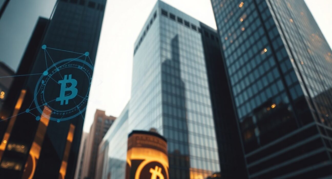 Modern corporate building with digital blockchain network overlay representing Circle's infrastructure shift