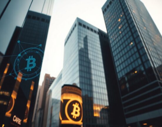Modern corporate building with digital blockchain network overlay representing Circle's infrastructure shift