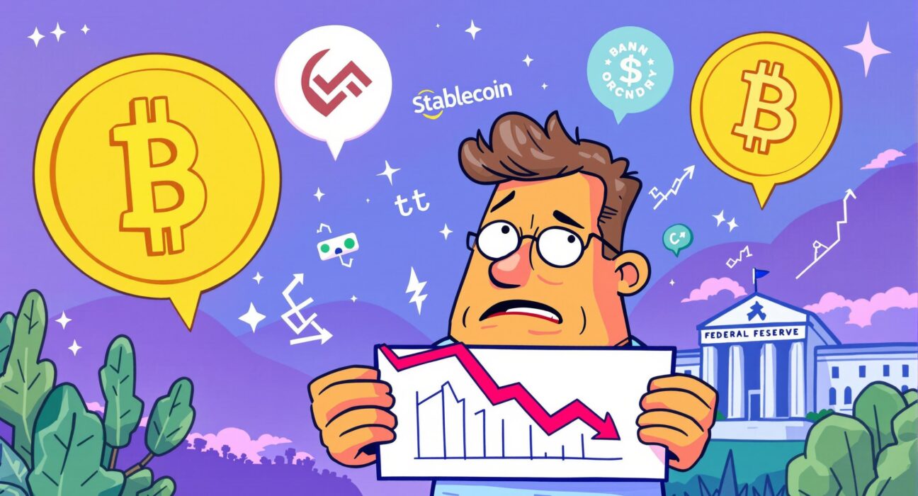 A cartoon illustration symbolizing the Circle investment downgrade, showing market concerns due to stablecoin competition and economic factors.