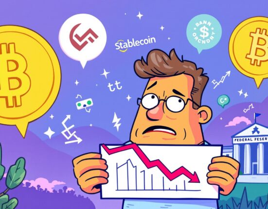 A cartoon illustration symbolizing the Circle investment downgrade, showing market concerns due to stablecoin competition and economic factors.