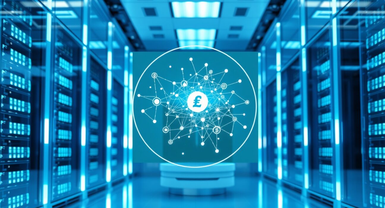 Holographic interface showing AI agent transaction network in a modern data center