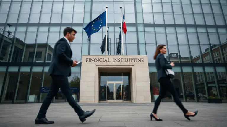 Brussels institutional building with EU flags, illustrating Circle's push to revise MiCA stablecoin reserve rules