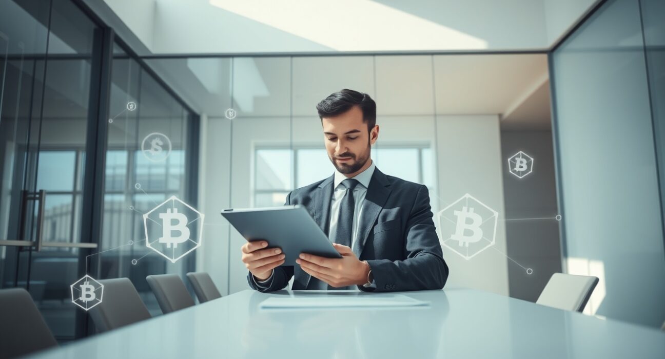 Professional reviewing regulatory documents on a tablet in a modern European office with digital currency motifs