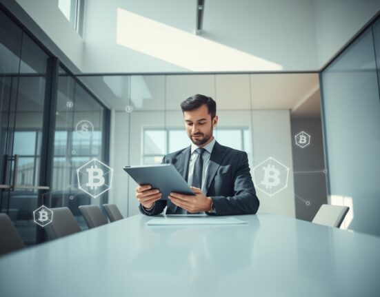 Professional reviewing regulatory documents on a tablet in a modern European office with digital currency motifs