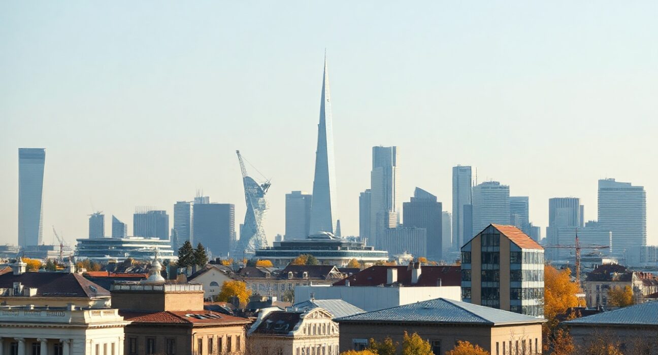 European financial district skyline under clear sky, representing EU crypto regulation and stablecoin market access.
